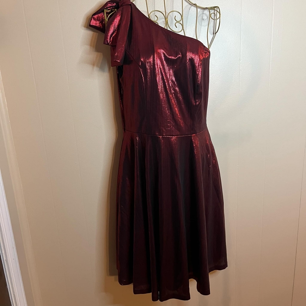 Jasambac One Shoulder Midi Cocktail Red Metallic Pocketed Dress